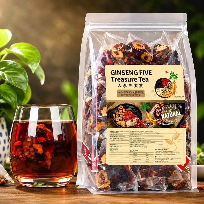 Ginseng Five Treasures Herbal Tea – Daily Herbal Wellness Blend with Ginseng, Goji Berries & Maca | Caffeine-Free | 30 Tea Bags